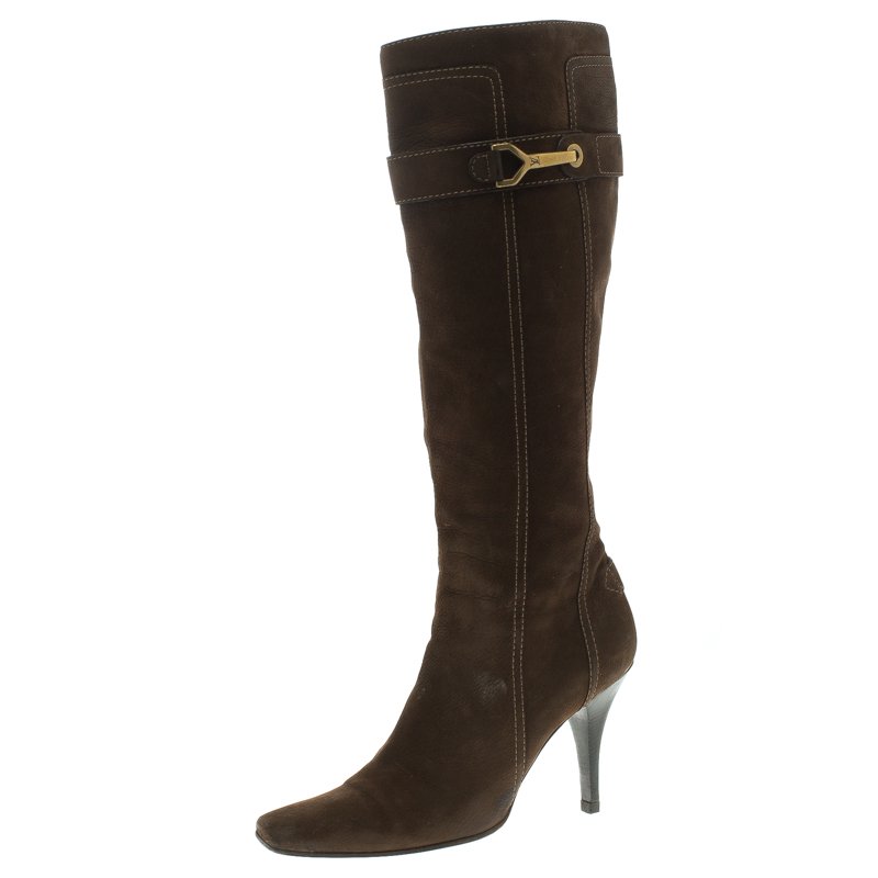 Pre Owned Louis Vuitton Brown Suede Knee Length Boots Size 40