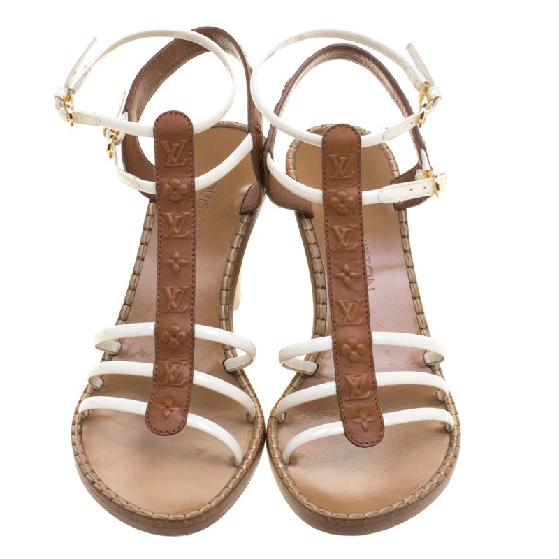 Louis Vuitton Brown Embossed Leather Key West Ankle Strap Flat Sandals Size  8.5/39 - Yoogi's Closet