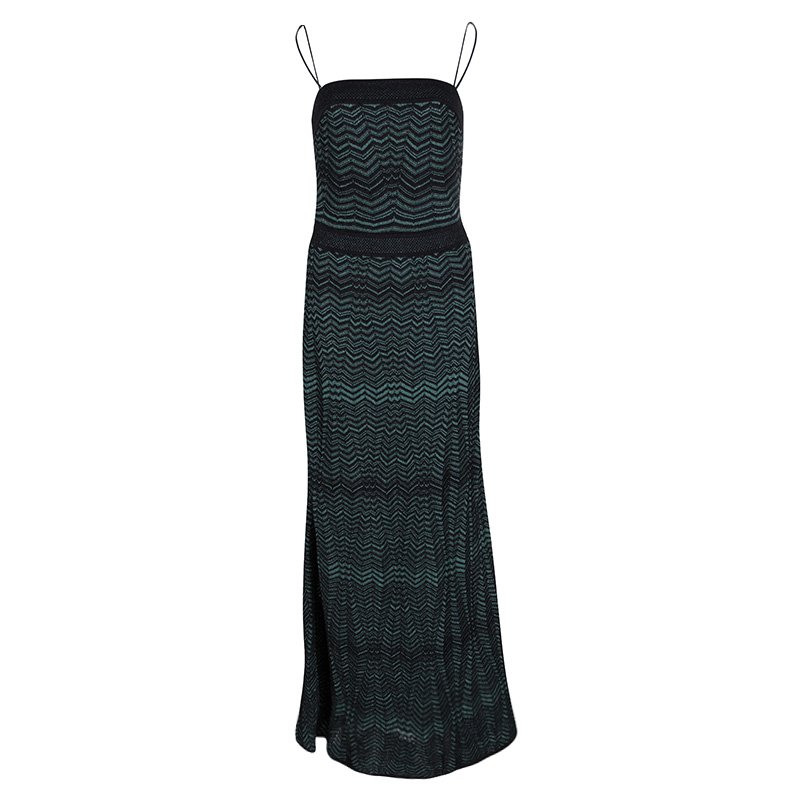 Pre Owned M Missoni Black and Green Chevron Pattern Lurex Knit Noodle Strap Maxi Dress L