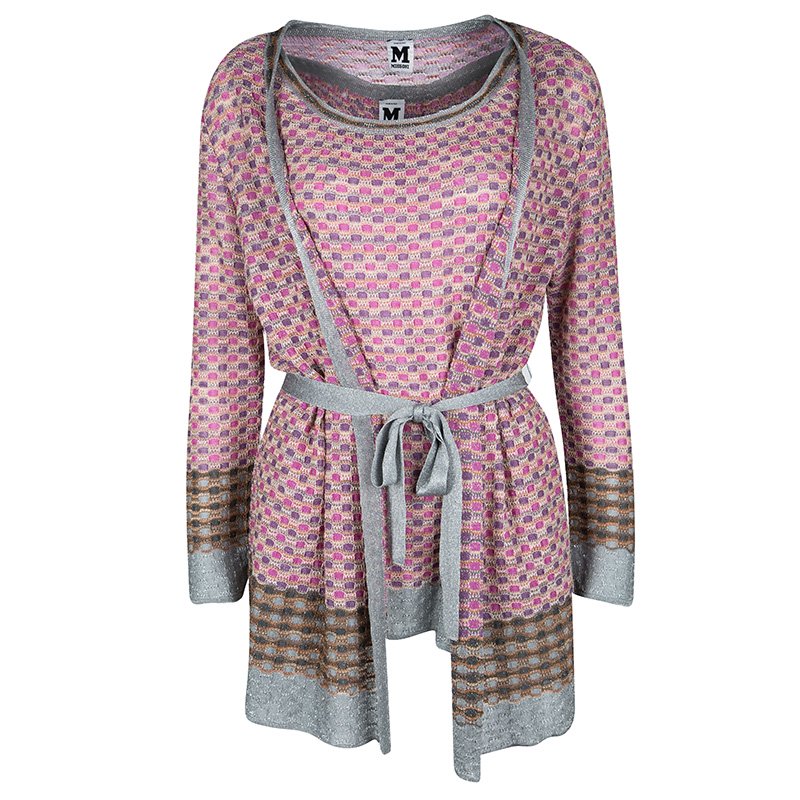 Pre Owned M Missoni Multicolor Lurex Knit Detail Top and Belted Cardigan Set L