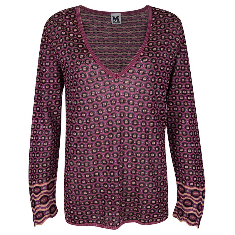 Pre Owned توب أم ميزوني تريكو منقوش متعدد الالوان برقبة حرف V أكمام طويلة L