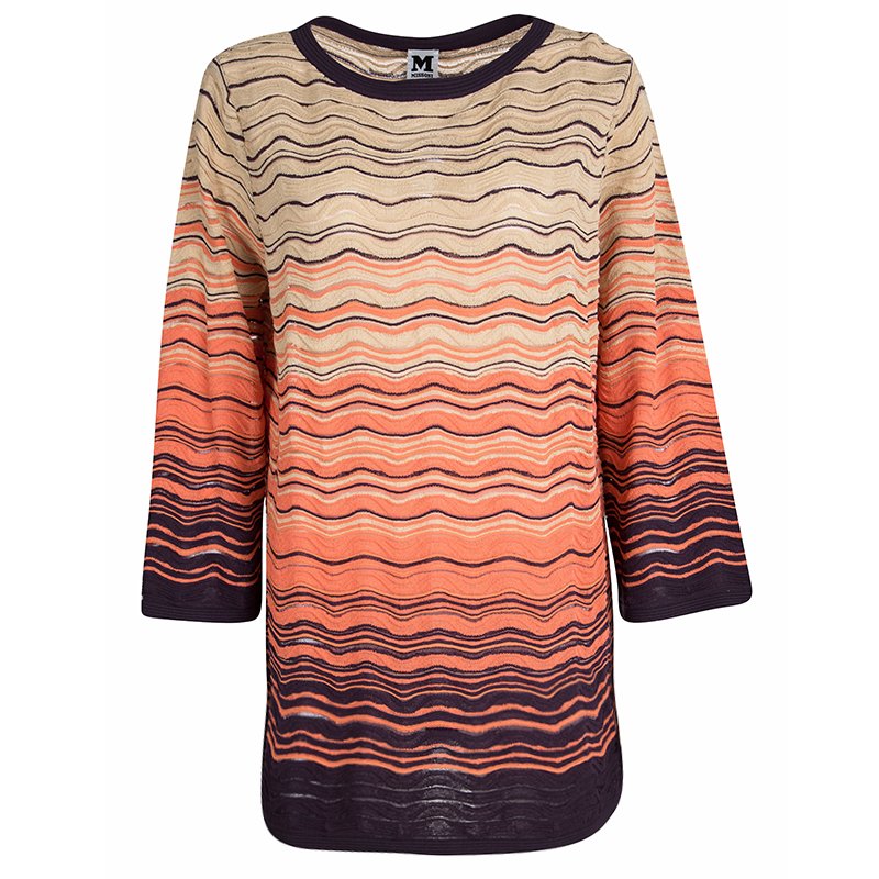 Pre Owned M Missoni Multicolor Textured Wave Pattern Long Sleeve Top L