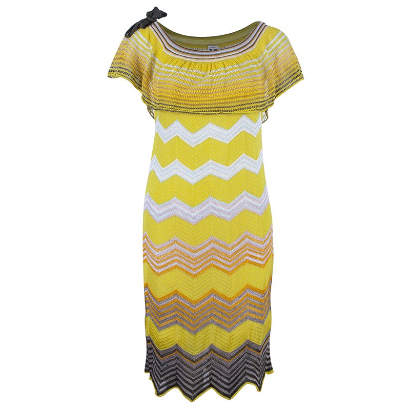 Pre Owned M Missoni Yellow Off-Shoulder Knit Dress M