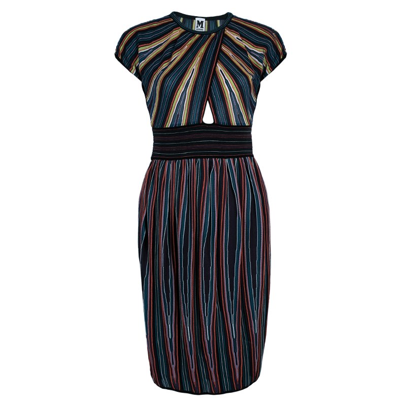 مملوكة مسبقًا M Missoni Criss-Cross Short Sleeve Pleated Multicolor Dress M