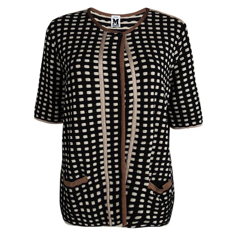 مملوكة مسبقًا كارديغان أم ميزوني كاروهات متعدد الألوان حواف متباينة أكمام قصيرة مقدمة مفتوحة XL