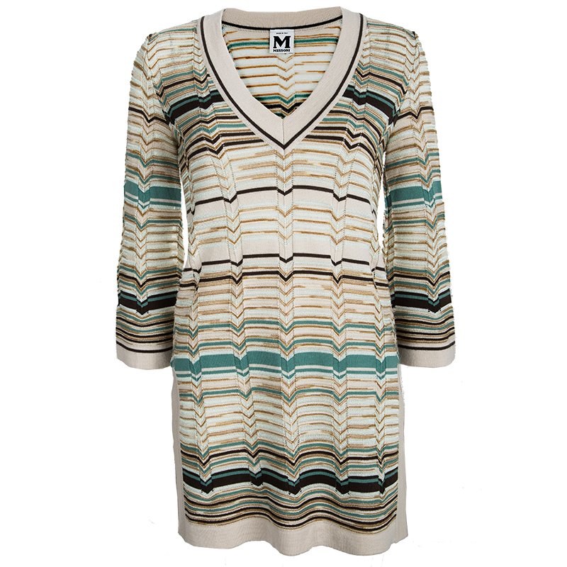 M Missoni Multicolor Chevron Striped Knit Sweater Tunic S
