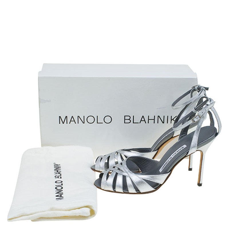 Pre Owned Manolo Blahnik Metallic Silver Ankle Strap Sandals Size 36