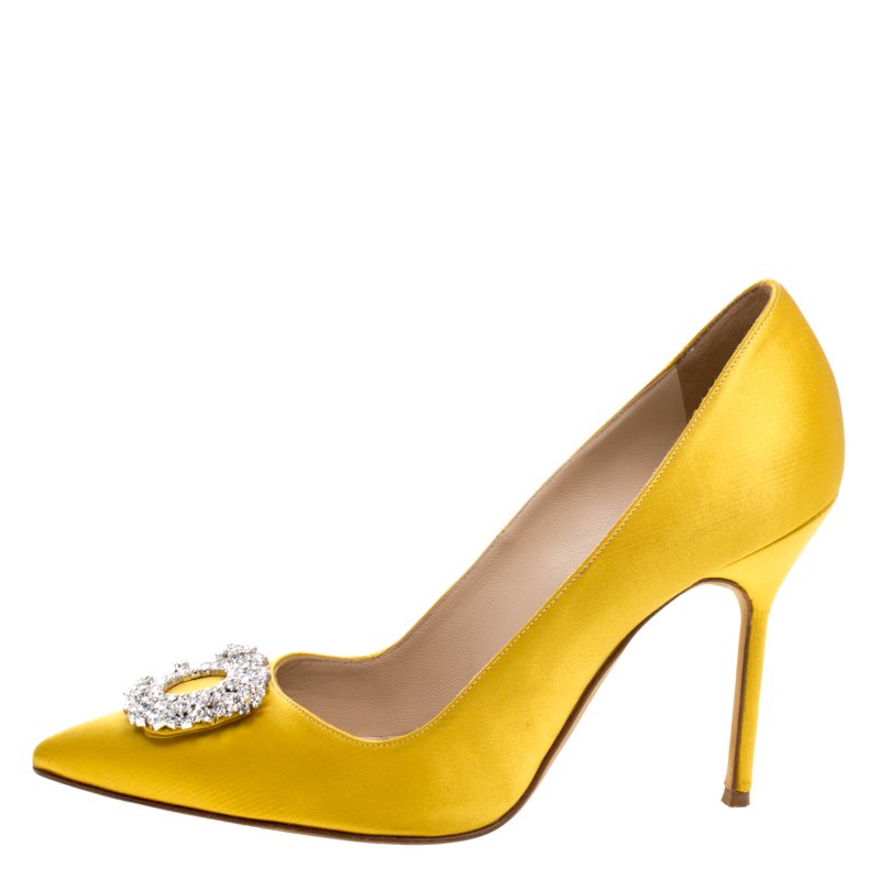 Manolo Blahnik Yellow Crystal Embellished Satin BB Pointed Toe Pumps ...