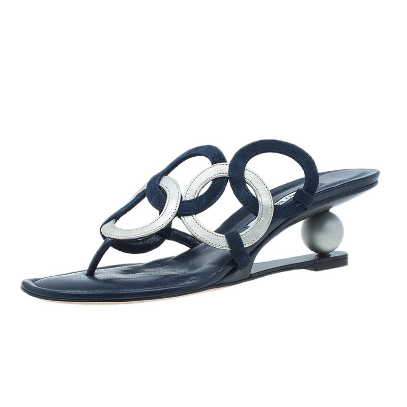 Manolo Blahnik Blue Leather Wedge Slides Size 40