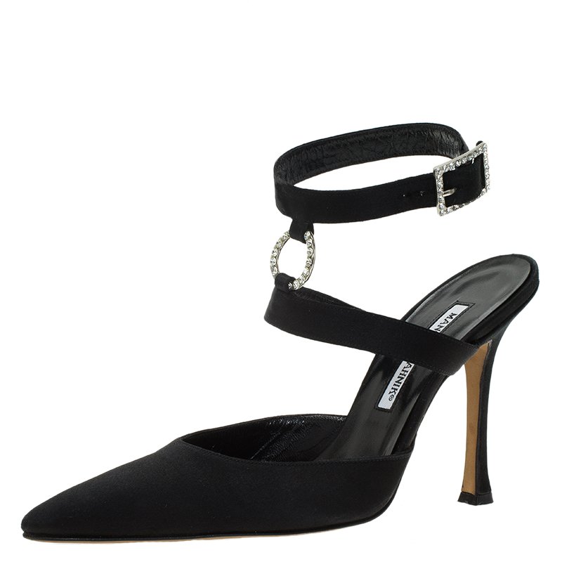 Manolo Blahnik Black Satin Embellished Pointed Cage Sandals Size 38