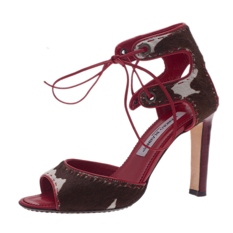 Manolo Blahnik Red and Brown Pony Hair Lace-Up Sandals Size 37
