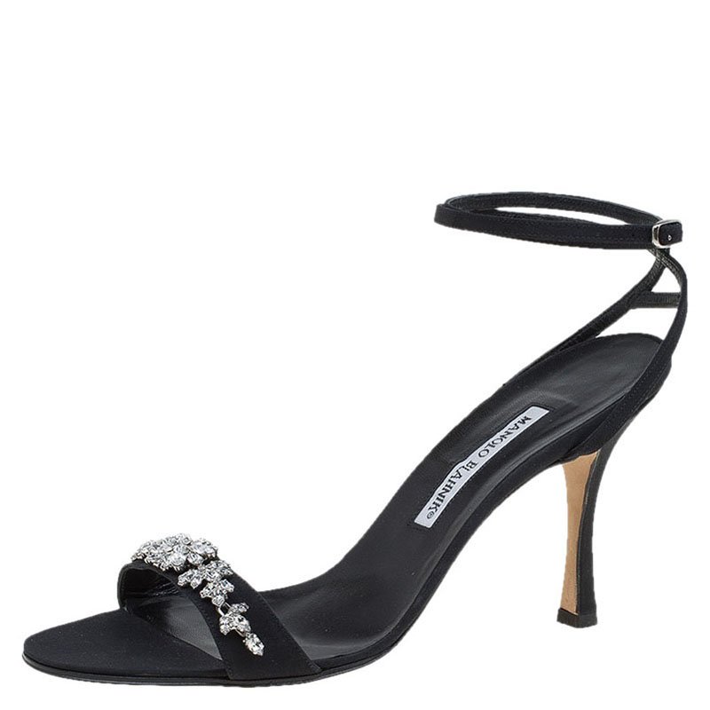 مملوكة مسبقًا Manolo Blahnik Black Crystal Embellished Satin Ankle Strap Sandals Size 40