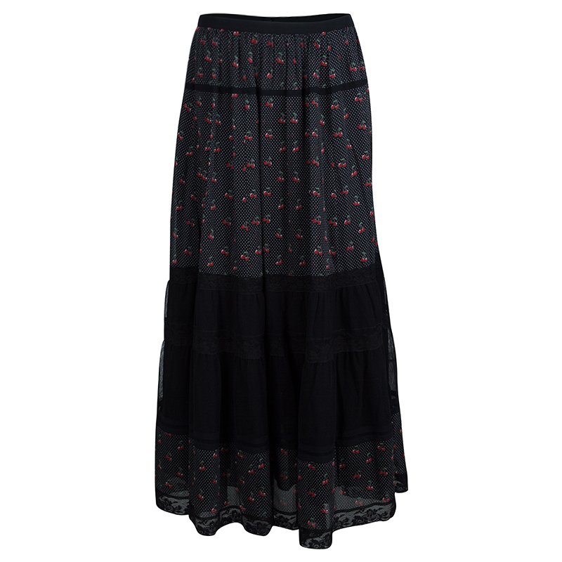 مملوكة مسبقًا Marc by Marc Jacobs Black Cherry Printed Cotton Lace Insert Tiered Maxi Skirt M