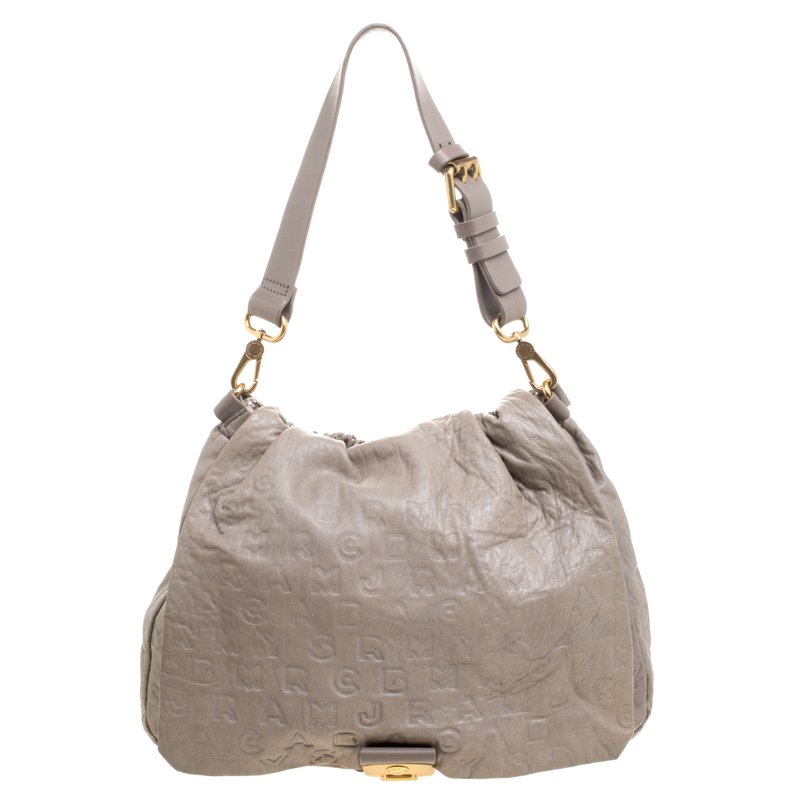 Marc By Marc Jacobs Beige Dreamy Logo Leather Puckered Mouse Hobo