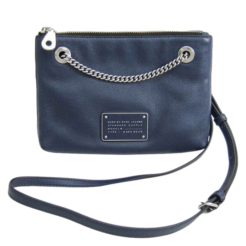 Pre Owned Marc by Marc Jacobs Navy Blue Leather Too Hot To Handle Double Decker Crossbody Bag
