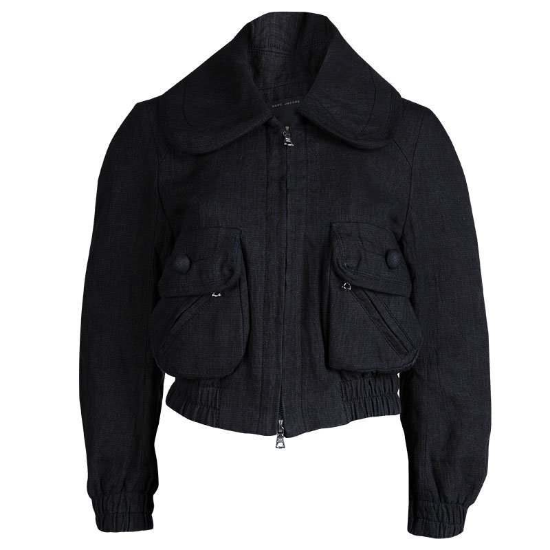 Pre Owned Marc Jacobs Grey Linen Zip Front Cropped Jacket M