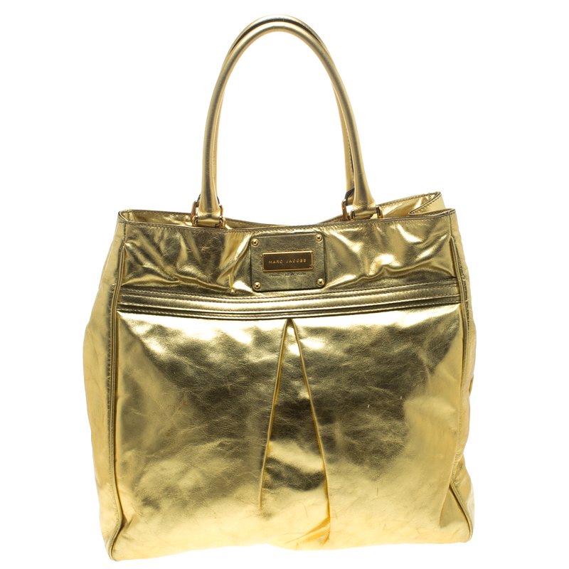 Pre Owned Marc Jacobs Gold Pleated Leather Shopping Tote