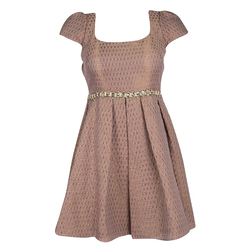 Marchesa Notte Metallic Pink Brocade Embellished Cocktail Dress XS