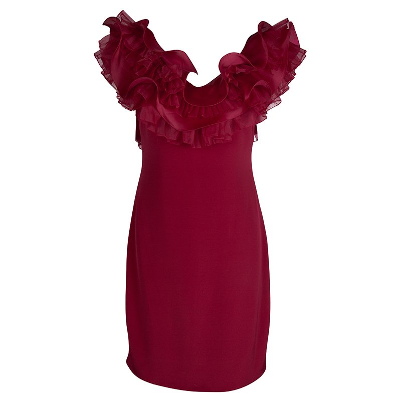 Pre Owned Marchesa Notte Red Organza Ruffle Detail Silk Sleeveless Mini Dress M