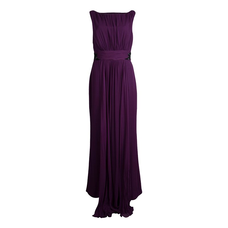 Marchesa Notte Purple Silk Embellished Waist Detail Sleeveless Gown L