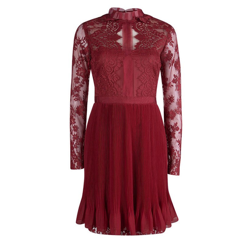 Marchesa Notte Red Lace Plisse Skirt Detail Dress M