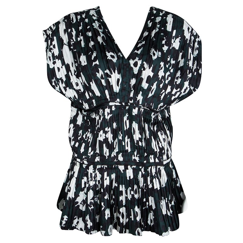 Pre Owned Marni Green Floral Printed Silk Pleated Panel Detail Top M