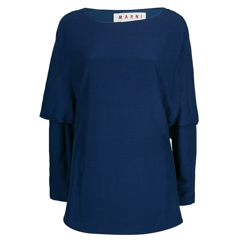 Pre Owned Marni Navy Silk Long Sleeve Top S