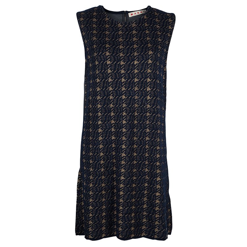 Marni Navy Blue Houndstooth Lurex Wool Sleeveless Dress M