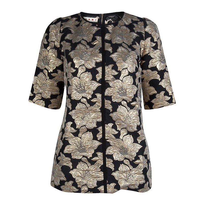 Pre Owned Marni Black Floral Lurex Jacquard Short Sleeve Tunic M