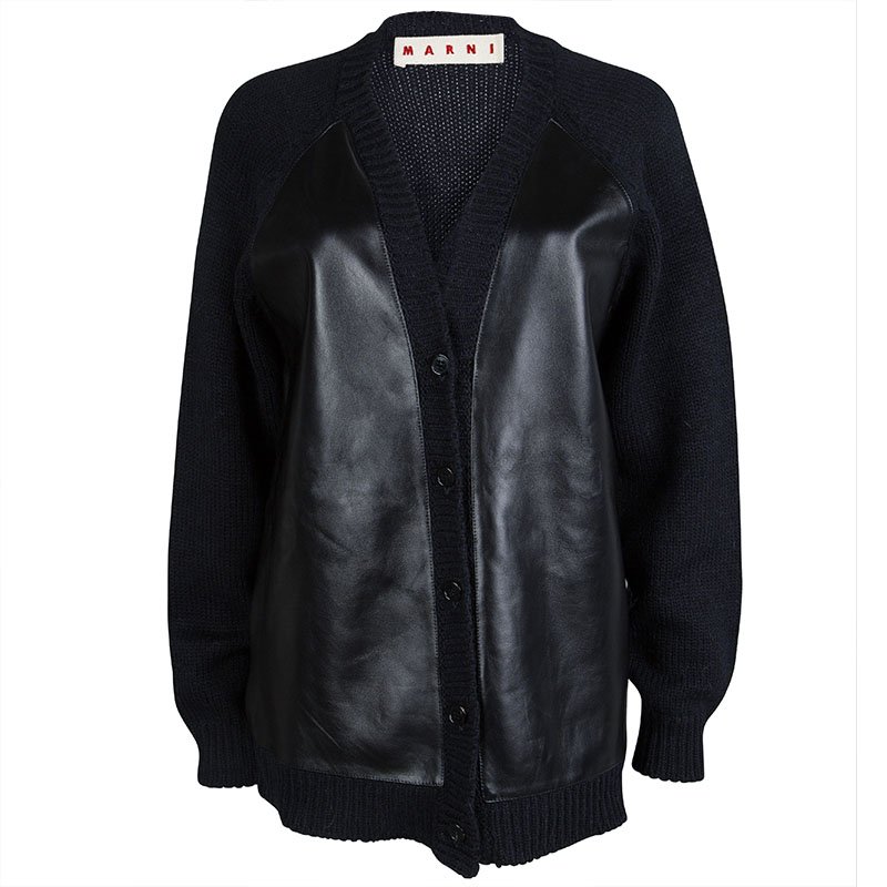 Pre Owned Marni Navy Blue Leather Panel Detail Buttondown Wool Cardigan M