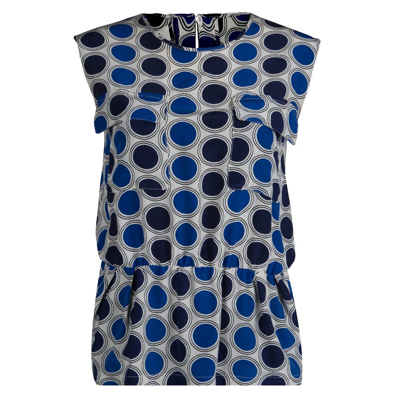 Pre Owned Marni Blue Circular Printed Silk Sleeveless Peplum Top S