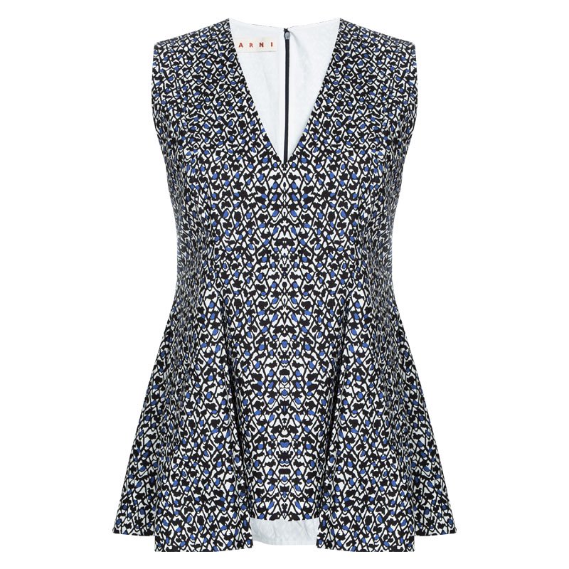 Pre Owned Marni Printed Cotton Flared Bottom High Low Sleeveless Top S