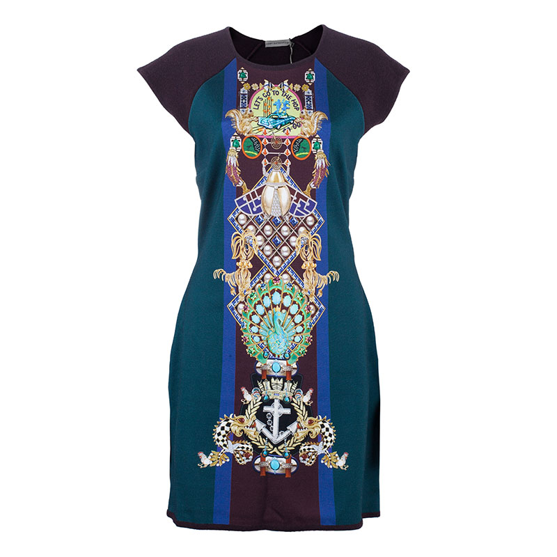 Pre Owned Mary Katrantzou Knipi Printed Jersey Paneled Ribbed Knit Dress L
