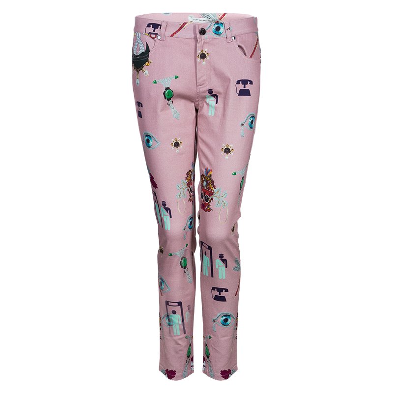 Pre Owned Mary Katrantzou Pink Printed Denim Trousers M