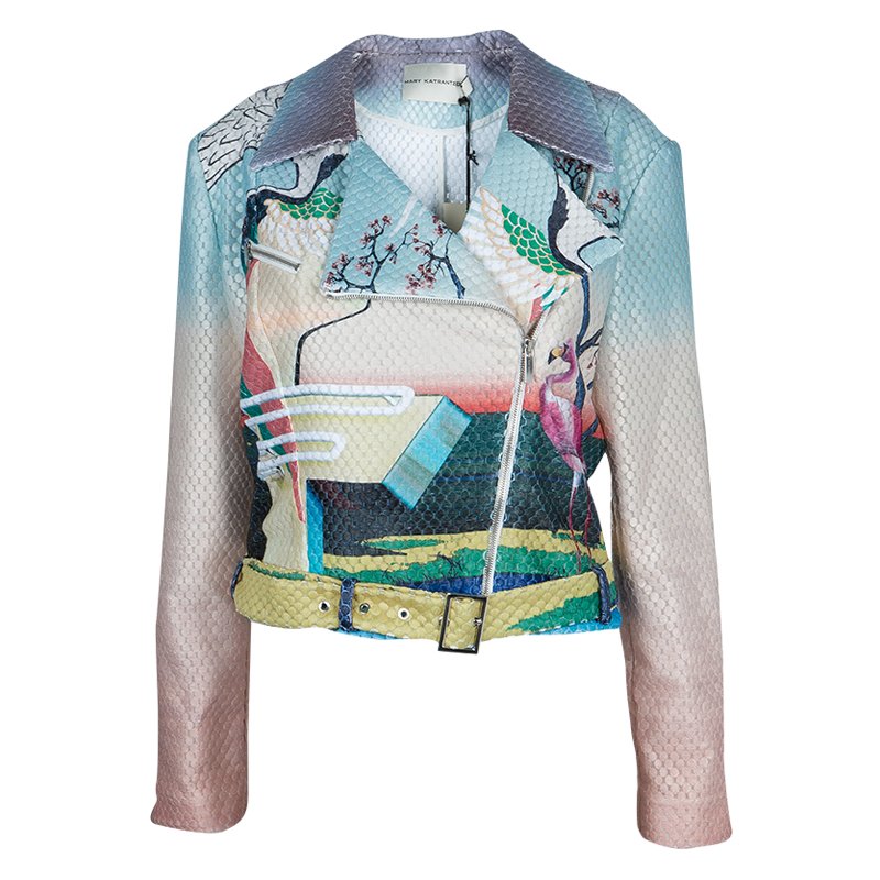Mary Katrantzou Multicolor Flamingo Print Belted Biker Jacket M