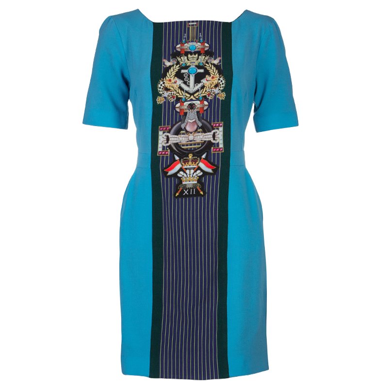 Mary Katrantzou Turquoise Blue Harlie Panel Printed Short Sleeve Dress M