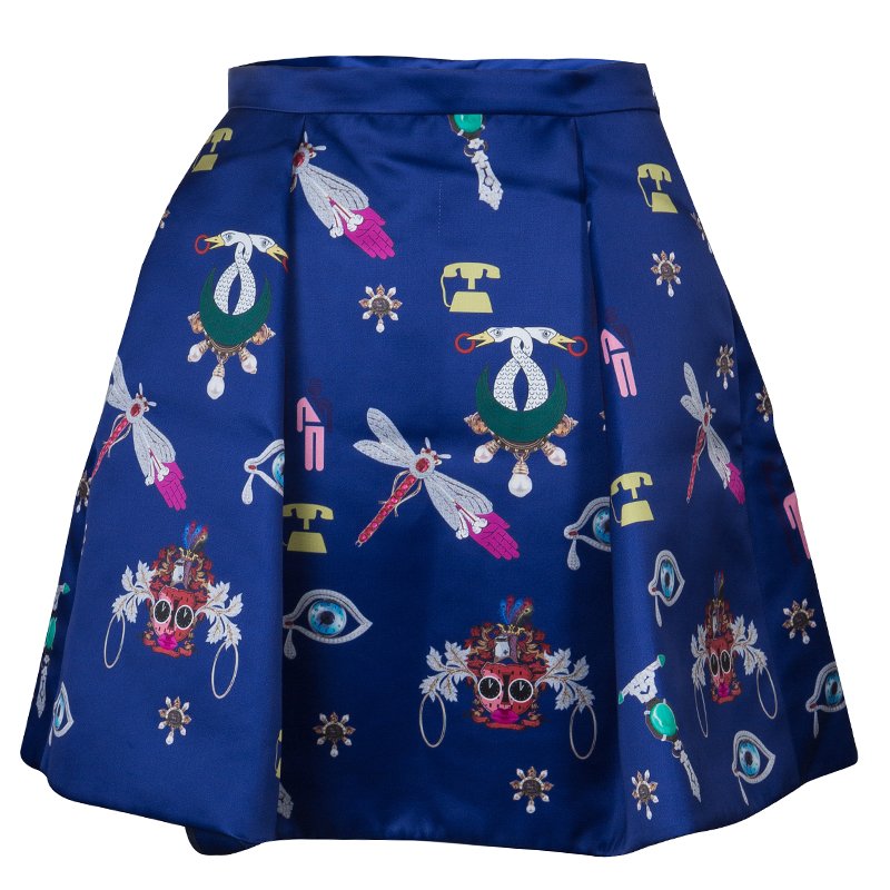 Pre Owned Mary Katrantzou Blue Printed Silk Calculon Flared Skirt M