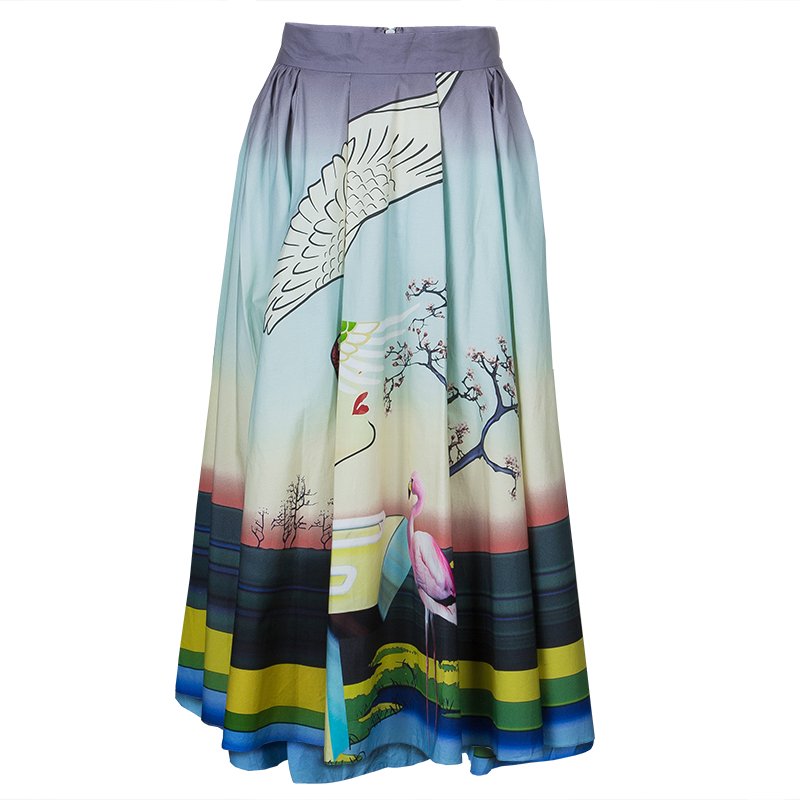Mary Katrantzou Multicolor Flamingo Print Cotton Dirndl Skirt M