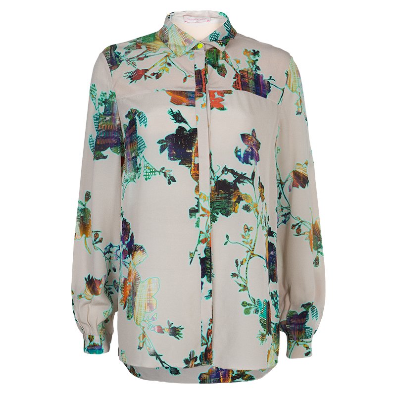 مملوكة مسبقًا Matthew Williamson Beige Floral Print Buttondown Long Sleeve Silk Shirt M