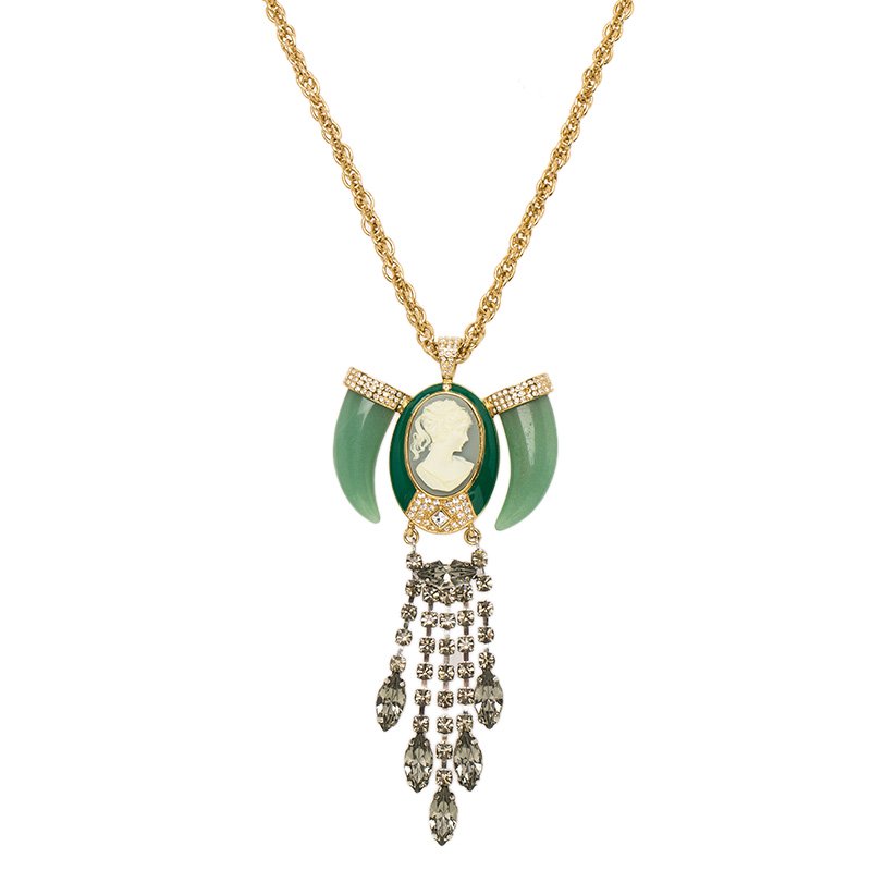 Mawi Heirloom Tusk Cameo Crystals Long Gold Tone Pendant Necklace
