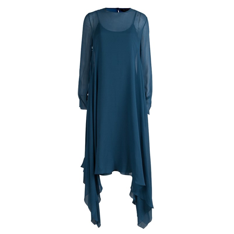 Pre Owned Max Mara Teal Blue Sheer Silk Chiffon Asymmetric Maxi Dress L