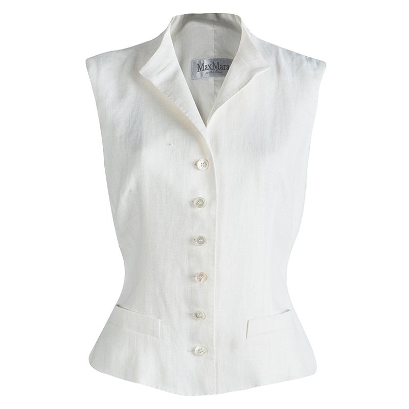 Pre Owned Max Mara Off White Linen Button Front Sleeveless Jacket M