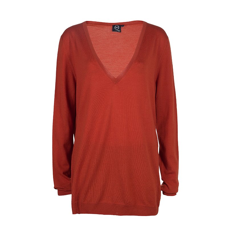 Pre Owned McQ by Alexander McQueen Burnt Orange Side Zip Detail V-Neck Sweater L
