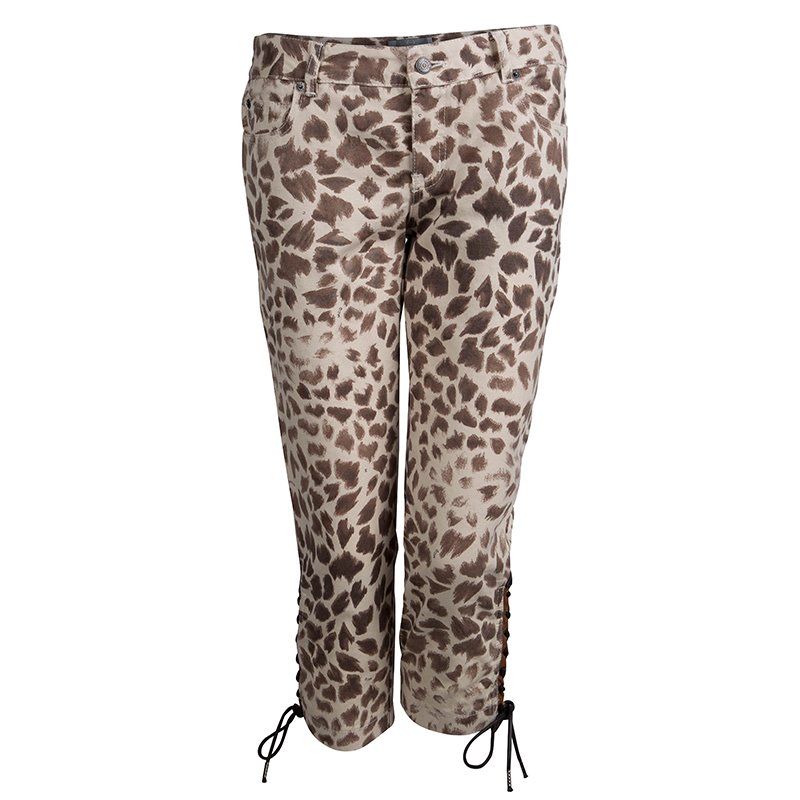 Pre Owned McQ By Alexander McQueen Leopard Printed Denim Eyelet Detail Capri Pants M