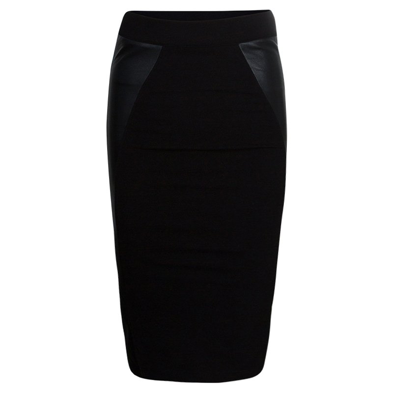 Pre Owned McQ by Alexander McQueen Black Leather Panel Pencil Skirt XS