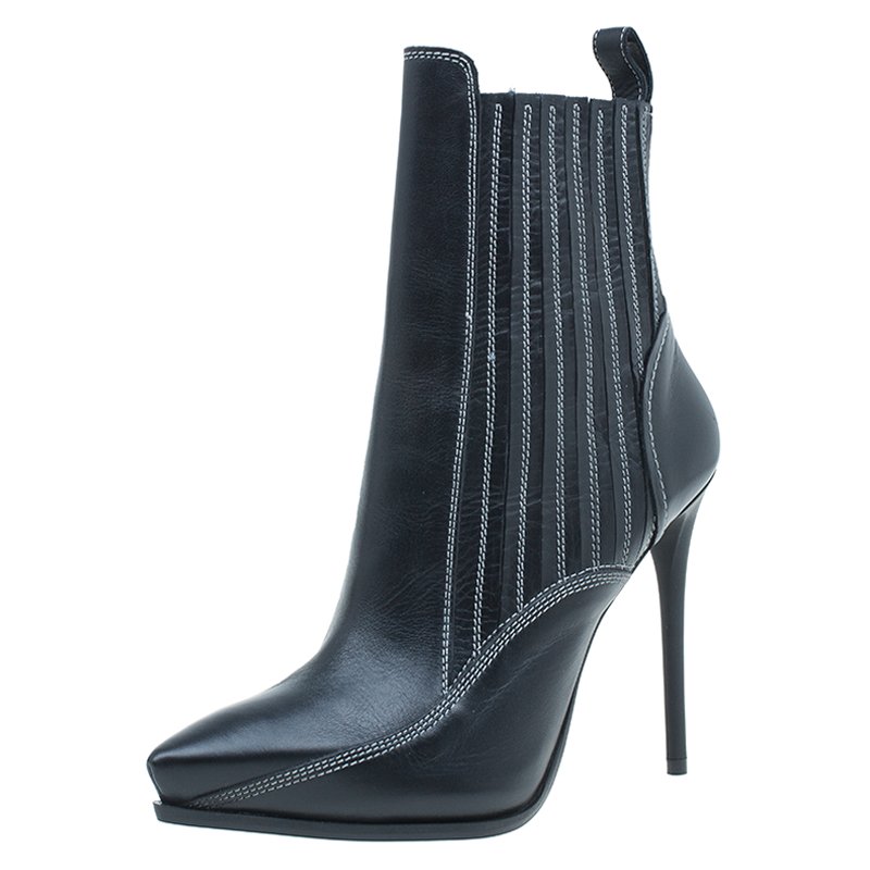 Pre Owned McQ by Alexander McQueen Black Stitched Leather Ankle Boots Size 39