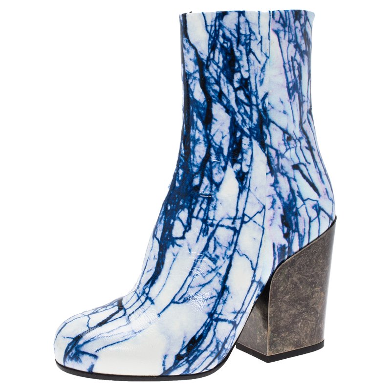 Pre Owned McQ by Alexander McQueen Blue and White Printed Leather Geffrye Boots Size 37