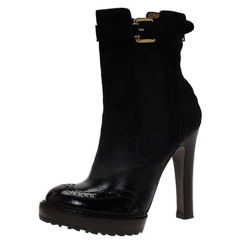 Pre Owned McQ by Alexander McQueen Black Leather Brogue Platform Ankle Boots Size 38