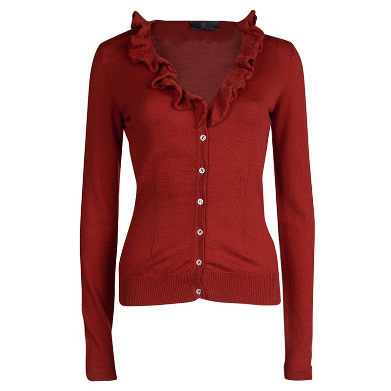 Pre Owned McQ by Alexander McQueen Red Ruffle Detail Button Front Cardigan S