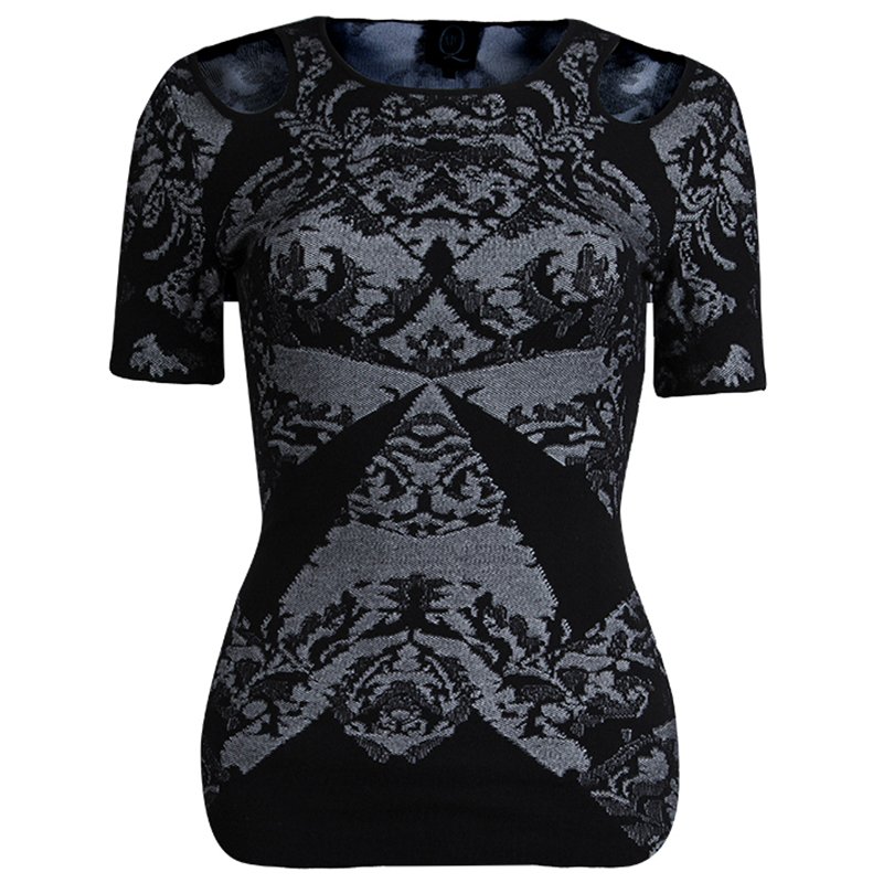 Pre Owned McQ by Alexander McQueen Black Jacquard Knit Cutout Shoulder Top S